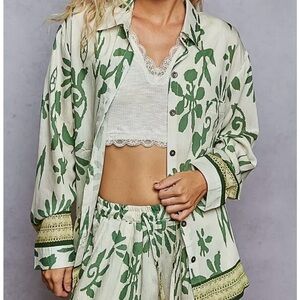 POL SET!! Green Floral Women's Pants and Blouse